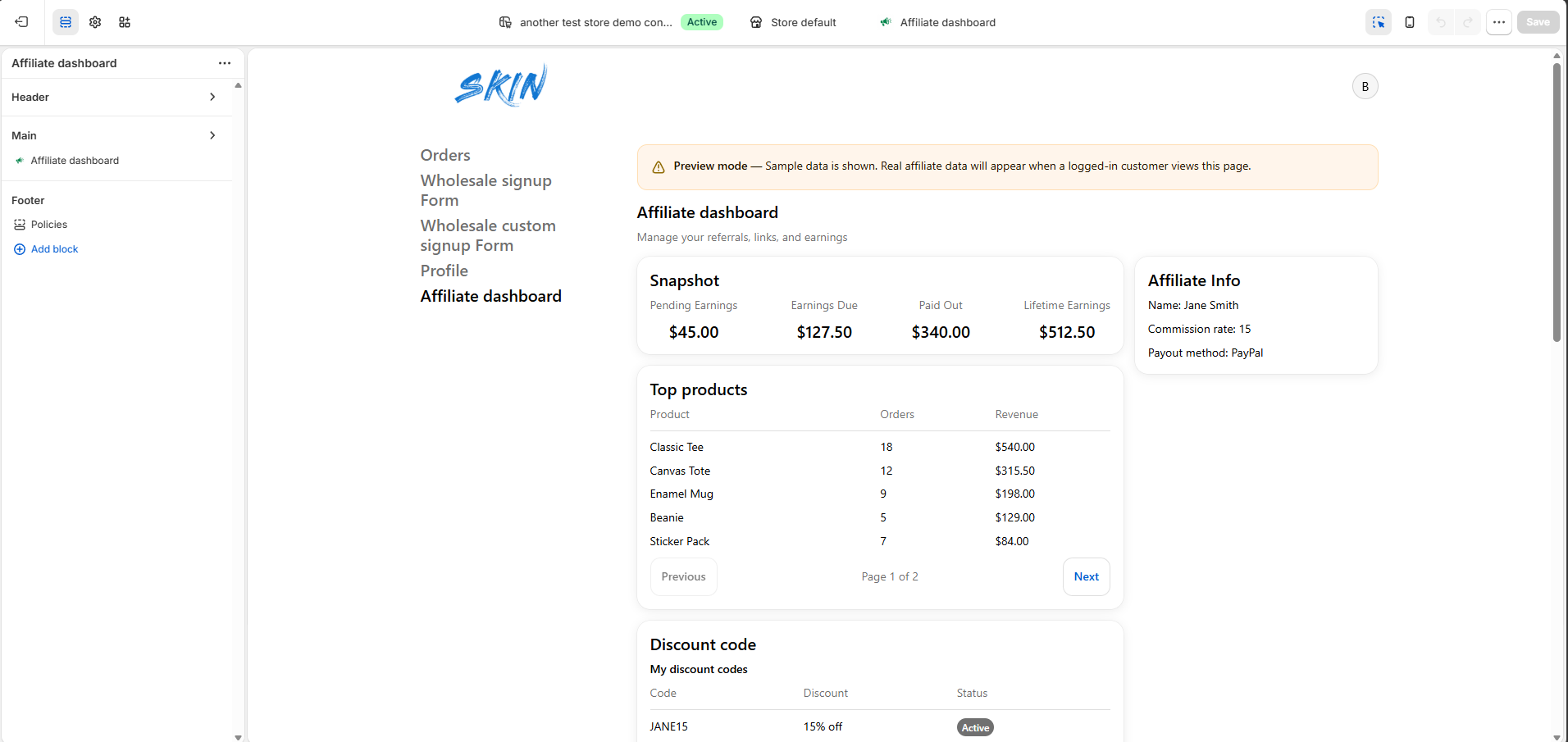 Affiliate dashboard showing earnings snapshot, affiliate info card, and top products table