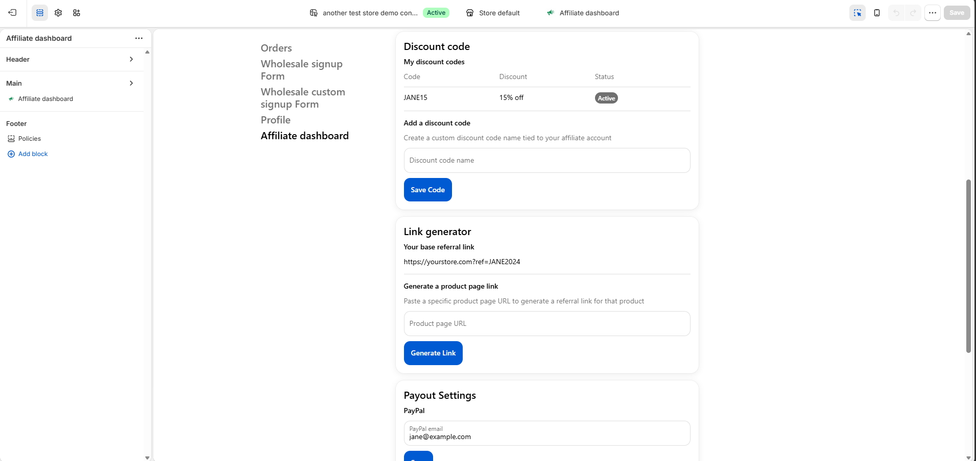 Affiliate dashboard showing discount codes, the link generator, and payout settings
