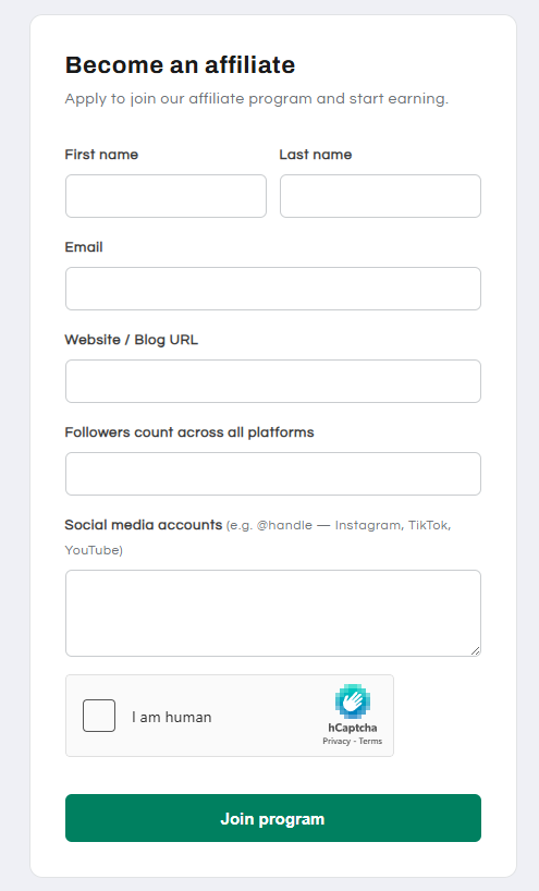 The storefront affiliate signup form with name, email, website, follower count, and social media fields