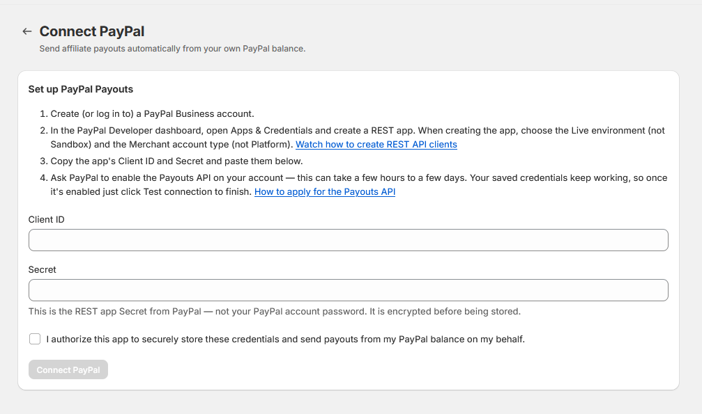 The Connect PayPal screen in the app with setup steps and fields for Client ID and Secret