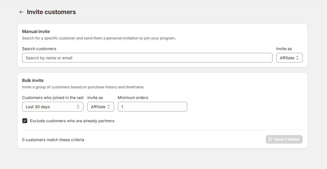 Invite customers page showing manual invite by search and bulk invite filtered by join date and minimum orders