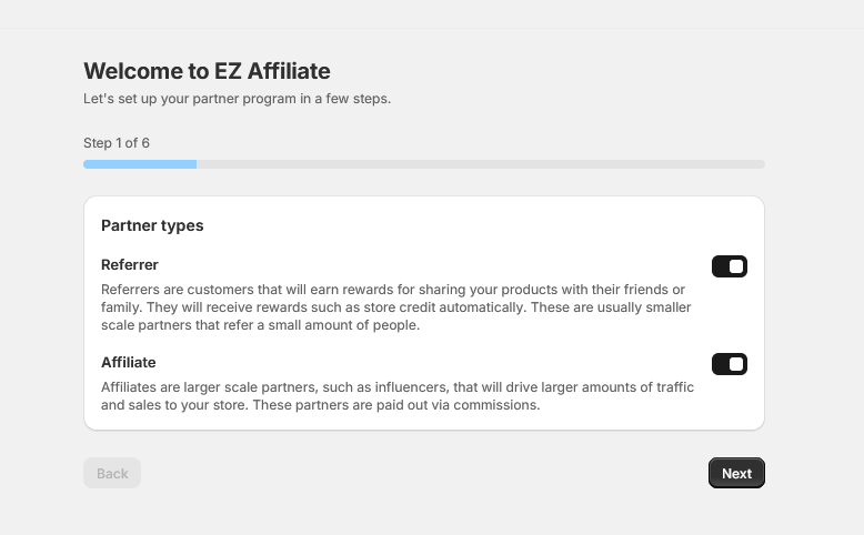 Setup wizard step 1: choosing which partner types to enable — Referrer and Affiliate toggles