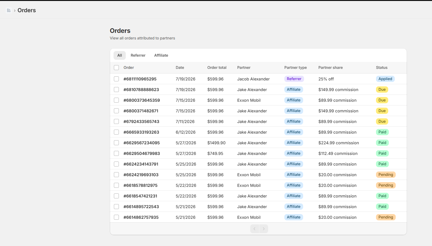 Orders page listing attributed orders with partner, partner type, commission amount, and status badges