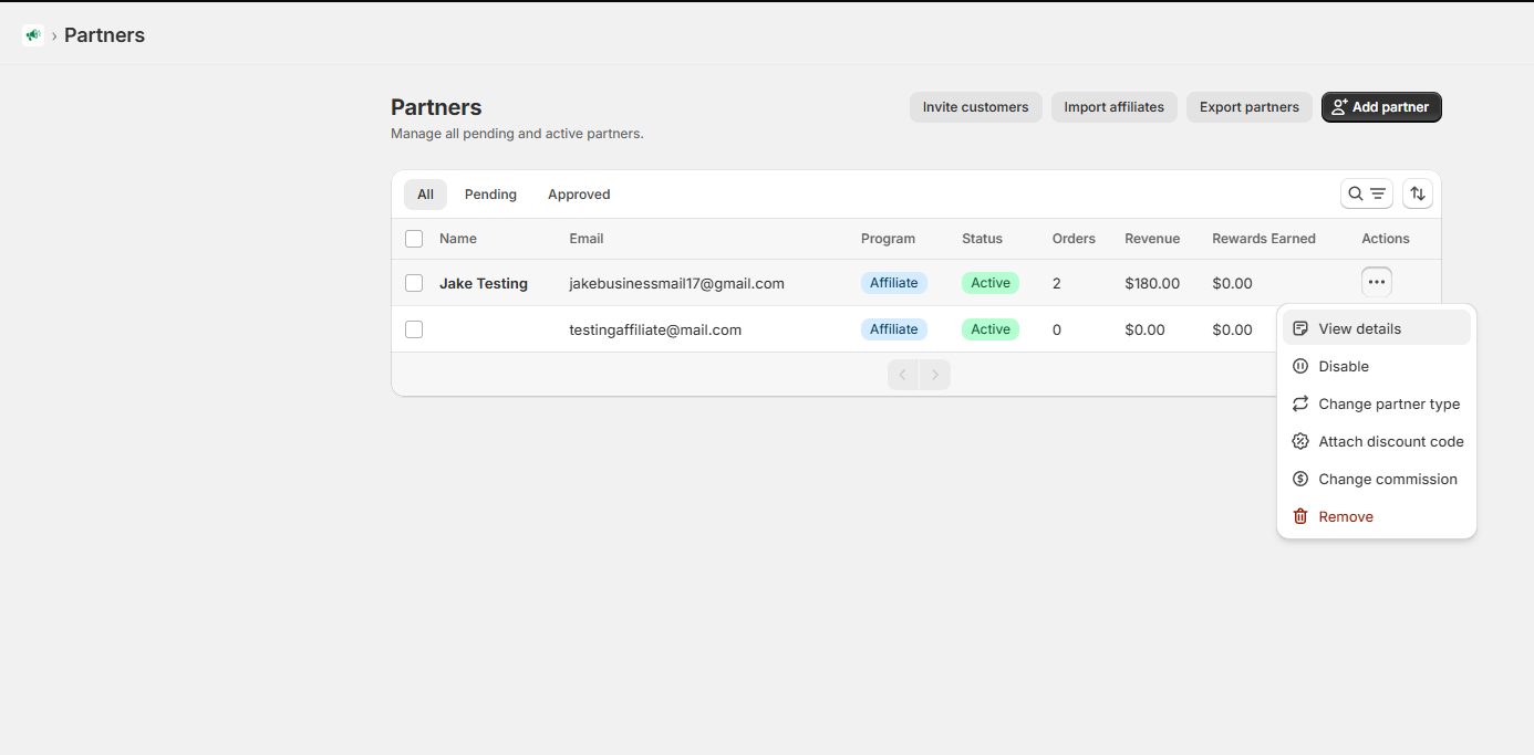Partners page listing affiliates with their program, status, orders, revenue, and rewards, with the per-partner actions menu open
