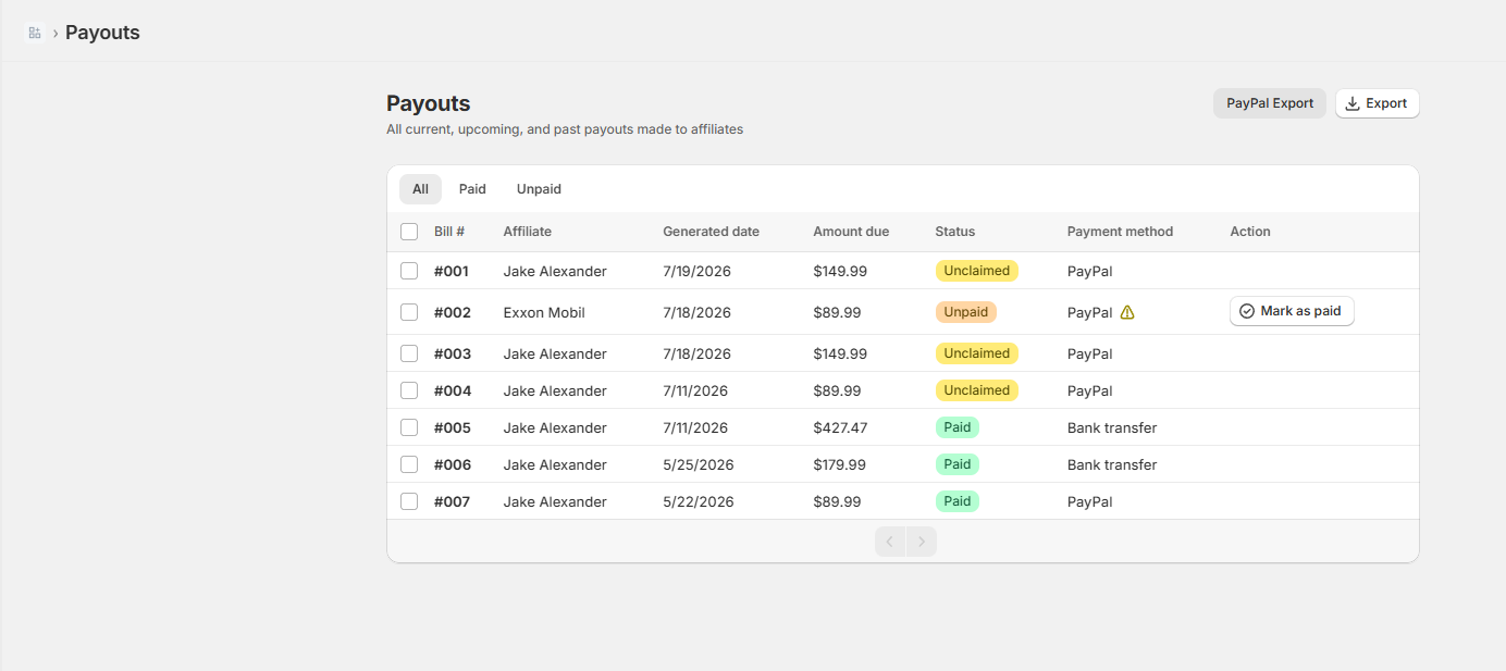 Payouts page listing bills with affiliate, generated date, amount due, status, payment method, and a Mark as paid action