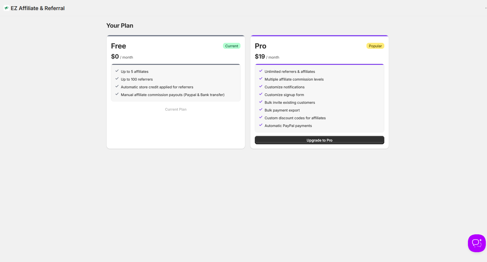 The Plan page in the app comparing the Free and Pro plans