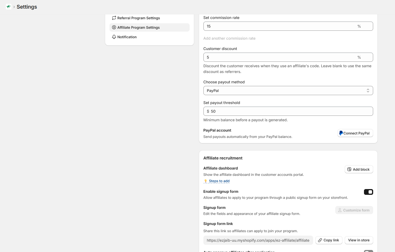 Affiliate Program Settings showing commission rate, customer discount, payout method, payout threshold, and the Connect PayPal button