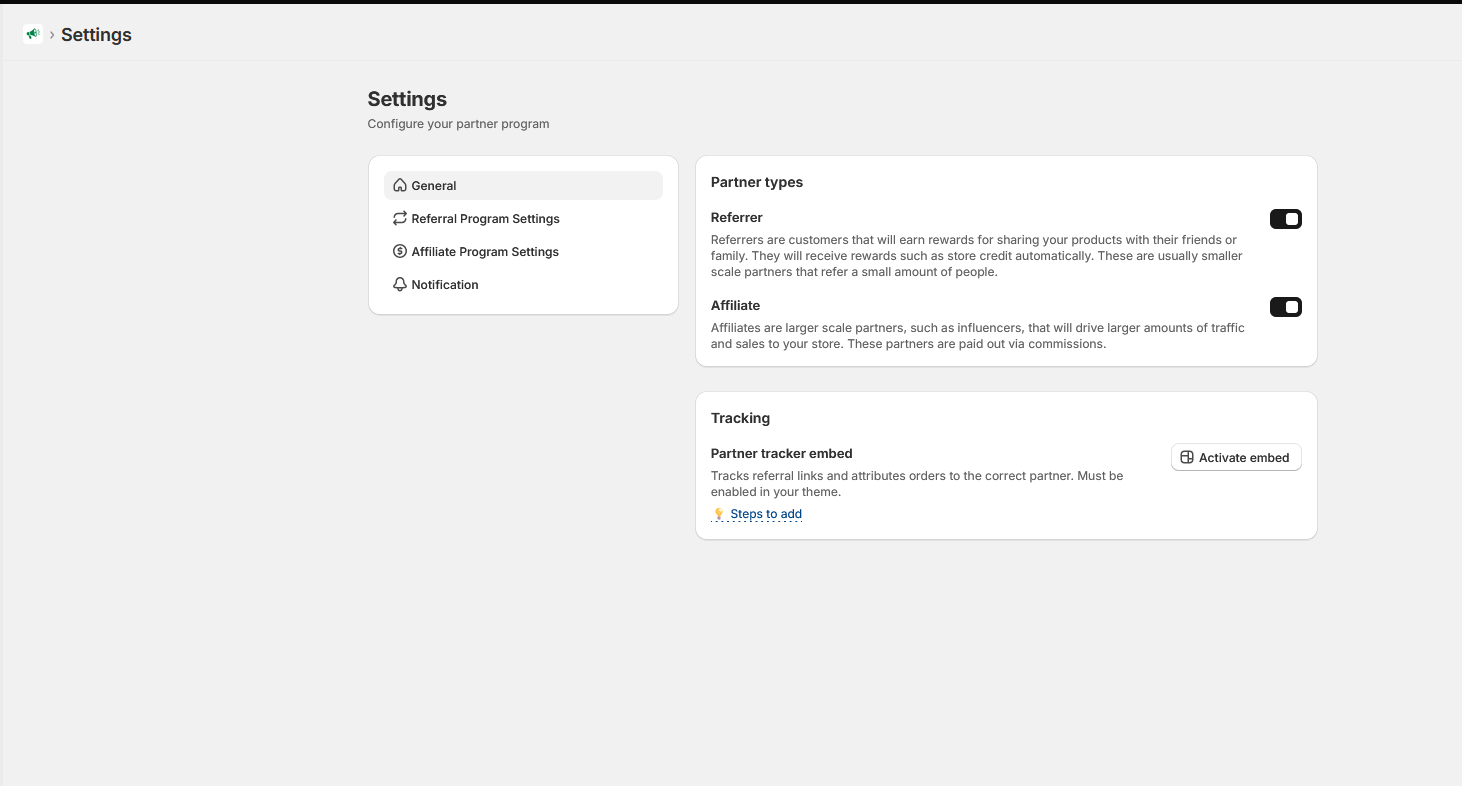 General settings showing partner type toggles and the partner tracker embed activation