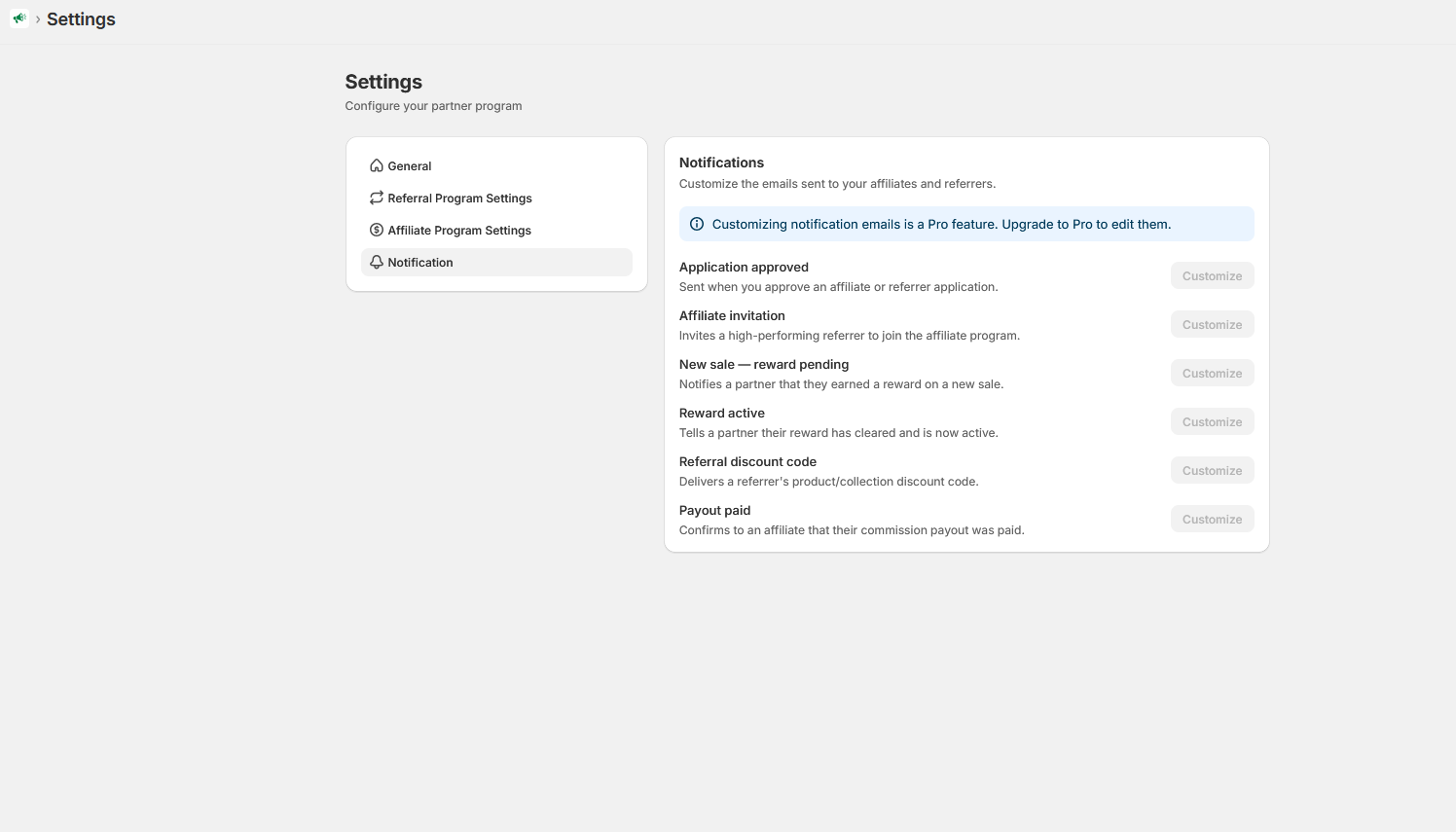 Notification settings listing the six partner emails with customize buttons