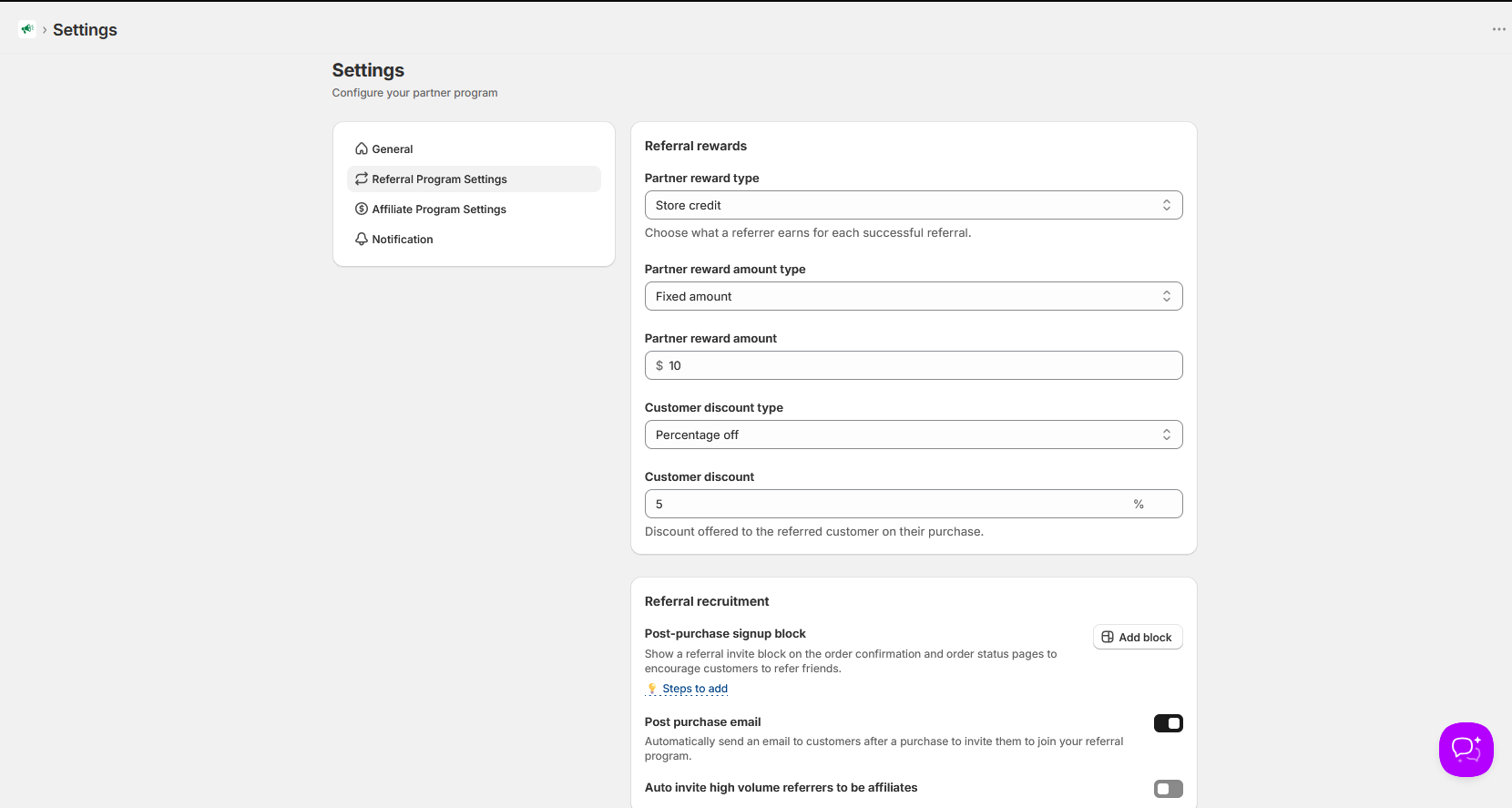 Referral Program Settings showing partner reward type, reward amount, and customer discount fields