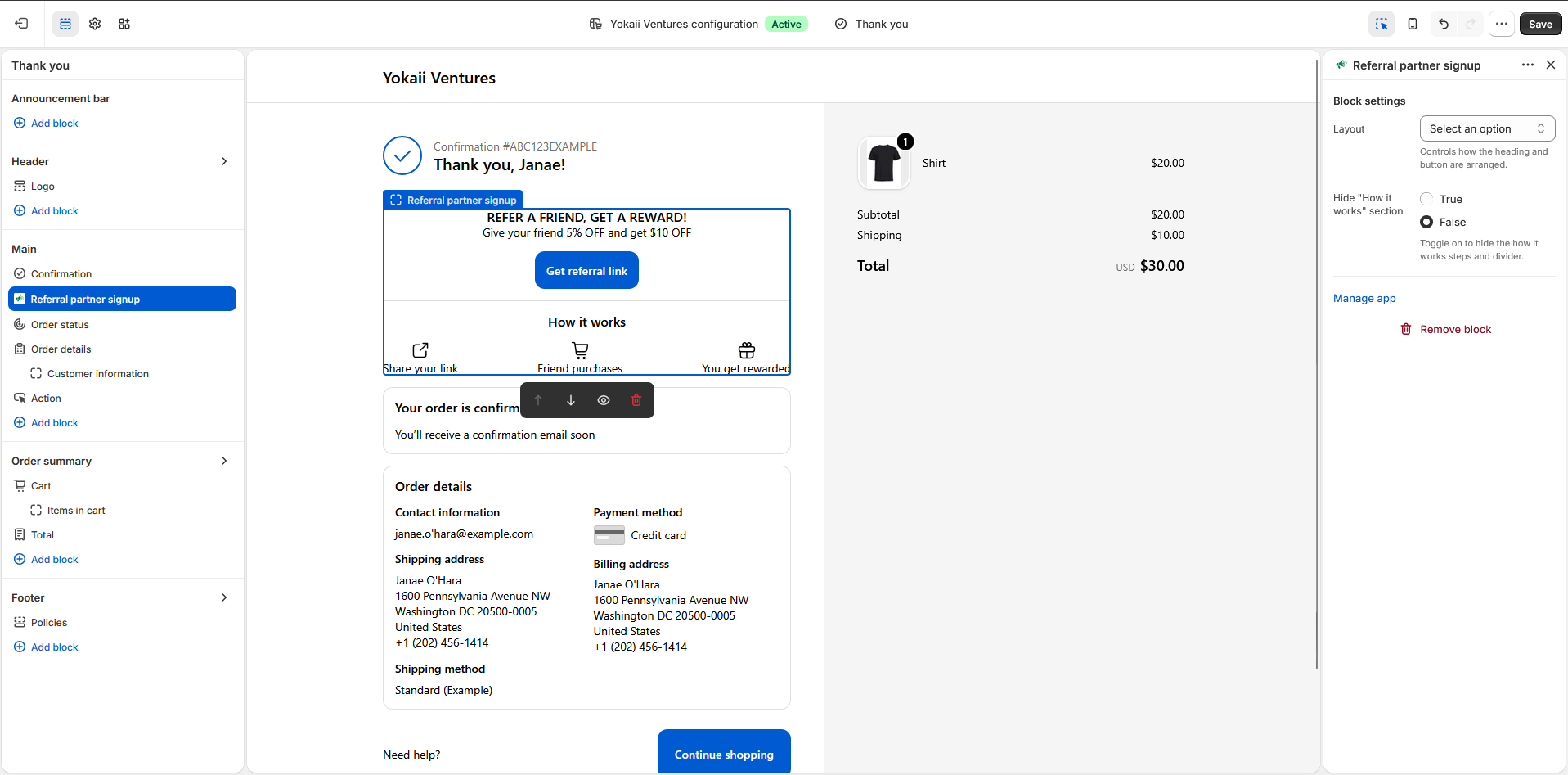Shopify theme editor showing the referral partner signup block placed on the thank-you page